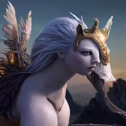 a beautiful woman wearing a golden crown and wings