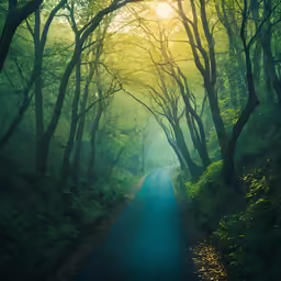 a forest scene with a road going through the middle