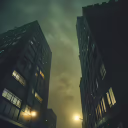 the two tall buildings have windows at night