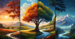 three different paintings of a forest with a river and mountain