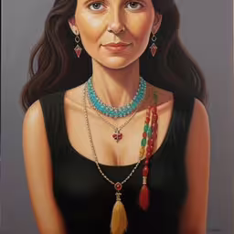 a woman with a long necklace and some necklaces,a portrait of a woman with beads and necklaces on,a painting of a woman with necklaces on and pearls in her hair,a painting of a beautiful woman in a black dress,a painting of a woman with necklaces and jewelry