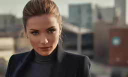 a young woman in a suit with city buildings in the background