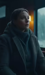 a woman looks out a window on a train