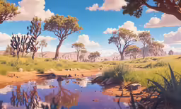 there are trees near the water on the land
