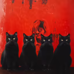 some black cats sitting in front of a painting of a woman
