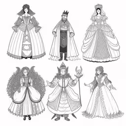 different styles of dress for various figures,a set of four drawings depicting fairy costumes, including dresses and bonnets