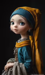 a doll is wearing a blue and yellow head piece