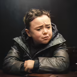 a boy sitting at a wooden table in front of a cup
