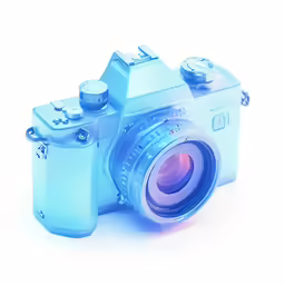 a close up of a blue camera on a white surface