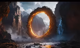 a large ring of fire shining in a cave