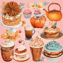 this is a painting of desserts and cakes,a drawing shows different kinds of cakes and desserts