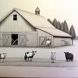a drawing of animals standing in front of a barn,a drawing of a barn with several farm animals in front of it