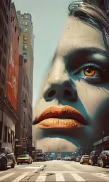the face of a woman is shown on a city street