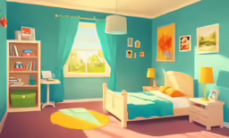 a colorful room is painted in shades of blue, green and yellow