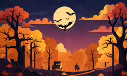 a night scene with a full moon and trees,the halloween scene features two trees with bats in front of a truck at night