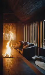 a living room with a fire in the fireplace