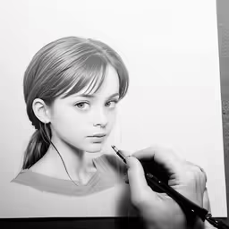 a black and white image of a girl drawing a portrait