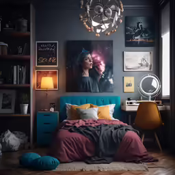 a bed in a bedroom with pictures hanging on the wall