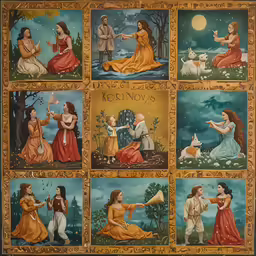 a decorative painting of people playing music and singing