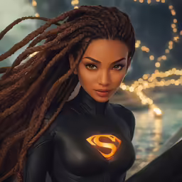 a female superhero character is dressed in black and has dread locks