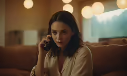 a woman with an open shirt sits on the couch talking on her cellphone