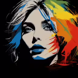 a painting with the head of blond blonde with colorful paint streaks on it