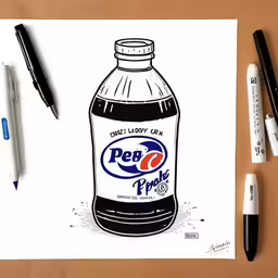 pepsi can is on a piece of paper, near pens and markers