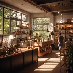 two people are looking out the window at the counter