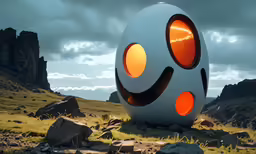 a large white object sitting on top of a grass covered field