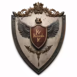 a plaque with gold wings in the center