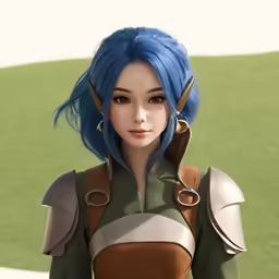 an animation woman wearing blue and orange outfit