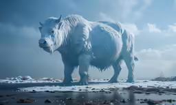 a large horned bull stands in the snow