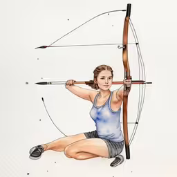 a watercolor painting of a woman kneeling down with a bow and arrow,a drawing of a woman squatting and holding a bow and arrow
