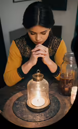 a woman in a yellow sweater is praying in front of a lamp