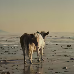 two cows walking across the beach near a rocky shore