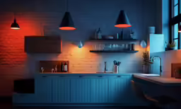 there is a sink that is lit up by three lights