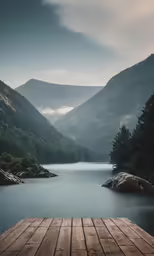 some mountains and water and some trees