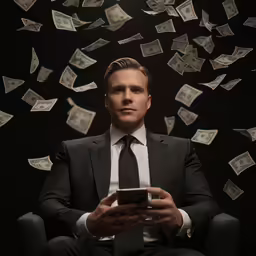 a man sitting down with money flying around him