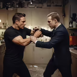 two men are fighting in a room with dark colored cabinets