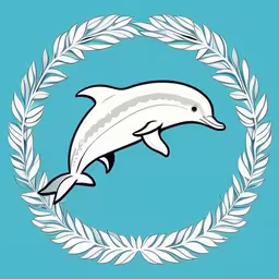 a drawing of a dolphin leaping from a wreath on a blue background,a dolphin jumping through a circular wreath on a blue background