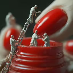 several figurines are positioned around a red container