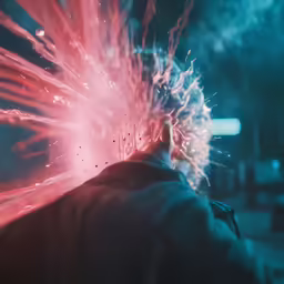 man with red and blue hair in front of firework