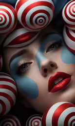 a woman with makeup painted in red and white circles