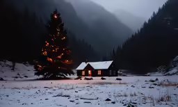 a small cabin at night surrounded by snowy trees