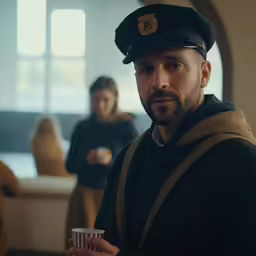a man with a hat is holding a cup