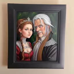 an illustration of two people on a wall,a portrait of a woman and an old man with a crown in front of a white wall