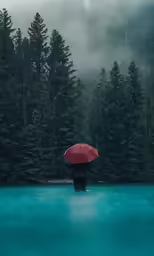 a person standing in the middle of a body of water holding a red umbrella