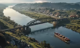 a boat floating on the river under a bridge