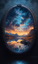 the round picture frame shows an image of mountains and a river at sunset
