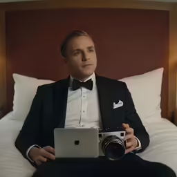 a man is in a suit with his camera and laptop